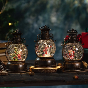 Vintage Christmas lanterns with Santa and snowman, glowing music boxes with glitter snow