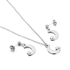 Minimalist stainless steel jewelry set featuring silver moon and star pendant necklace and studs