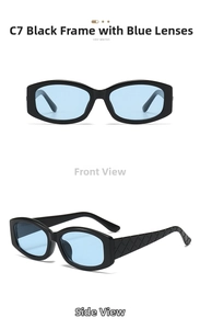 Detail of square plastic sunglasses with quilted texture temples and blue lenses
