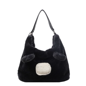 Large capacity black fuzzy plush tote bag with cute animal ears and sheepskin patch
