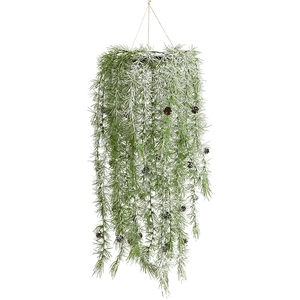 Artificial hanging pine needle plant with snow flocking and pine cones for Christmas decor