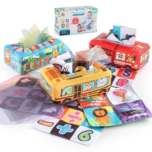 Baby sensory tissue box set with school bus theme and colorful crinkle cloth tissues
