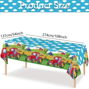Farm theme disposable plastic tablecloth with red tractor and windmill, 54x108 inch size