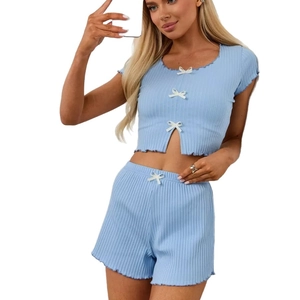 Sky blue ribbed knit lounge set with bow detail and lettuce trim short sleeve top