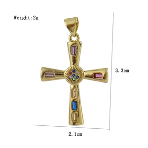 Detailed view of a gold-plated cross pendant with multicolored gems and dimensions