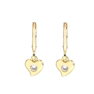 Detail of gold-plated hoop earrings featuring a heart-shaped zircon crystal pendant