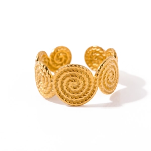 Golden spiral ring with layered twisted rope texture and bohemian open-band design