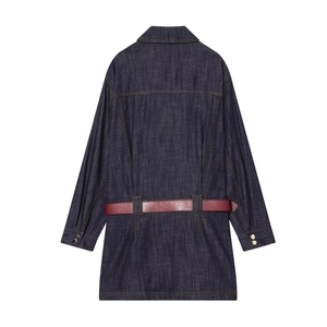 Short sleeve denim dress in dark blue with brown leather belt and gold button details