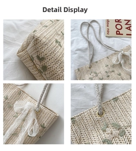 Close-up of straw tote bag showing floral embroidery, woven texture, and lace bow detail