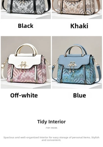 Detail of embroidered handbags featuring swan metal buckles and tassel charms in four colors