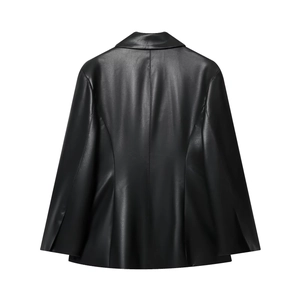 Slim fit black faux leather blazer jacket for women shown from a rear perspective view