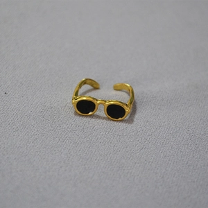 Unique gold brass open ring featuring a cool black sunglasses design for women
