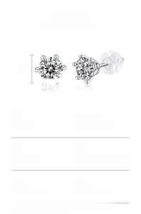 Detailed size chart showing 7.5mm moissanite earrings in 925 silver with 6-prong setting
