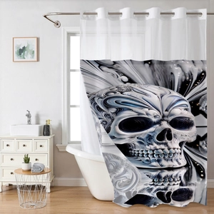 Detail view of waterproof shower curtain with 3D skull pattern and reinforced metal rings