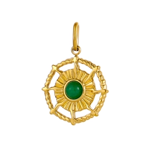 Detailed close-up of a gold round pendant featuring a green stone and radial pattern