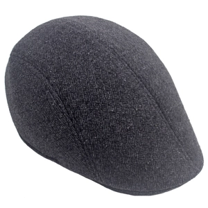 Close-up of dark grey men's winter flat cap showing the thick diagonal twill texture