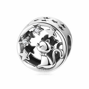 Hollow Cat Star Moon Charm Bead 925 Sterling Silver With Clear Cubic Zirconia DIY Jewelry Accessories Minimalist For Women