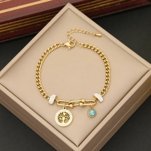 Bracelet doré en acier inoxydable avec pendentif Arbre de Vie et pierre bleue turquoise