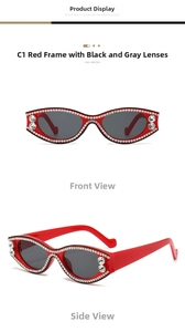 Front and side view of red cat-eye sunglasses with sparkling white rhinestones