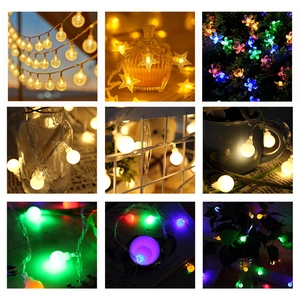 Various LED string lights with star, ball and flower shapes in warm and RGB colors