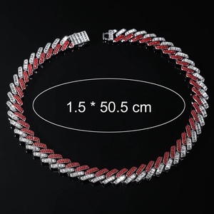 Luxury 15mm rhombus silver Cuban link chain with red and clear crystals in 50.5cm length