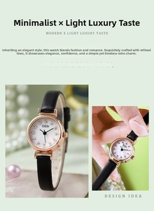 Detail of elegant women's watch with rhinestone indices and black leather strap