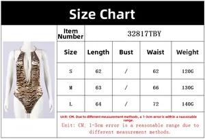 Detailed size chart with measurements for the sexy leopard print backless bodysuit