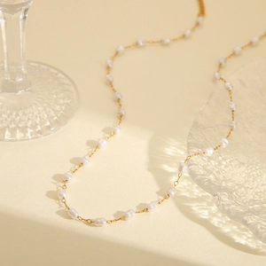 French vintage 18K gold plated stainless steel necklace with small white rice pearls