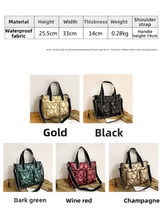 Size chart for quilted tote bags with detailed measurements in gold, black, and red