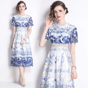 Women Floral Lace Midi Dress Hollow Out Embroidery Short Sleeve Blue And White Porcelain Style Elegant A-Line