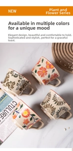 Detailed view of hand-painted floral ceramic mugs with vintage crackle glaze and wide handle