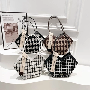 Chic plaid patterned tote bags with ribbon handles in black, white and brown tweed finish