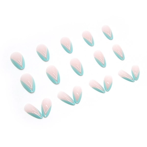 Elegant lake green V-shape French tip almond press-on nails for minimalist DIY manicure
