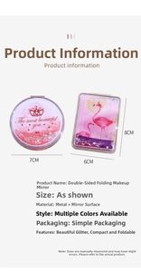 Detail view of foldable quicksand makeup mirrors with crown and flamingo motifs