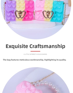 Detail of macaron silicone heart purse with pearl handle and metal chain strap