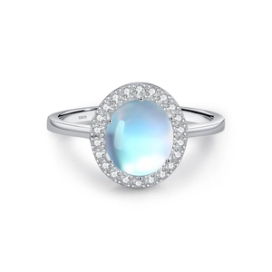 S925 sterling silver halo ring featuring oval moonstone and shimmering zircon accents