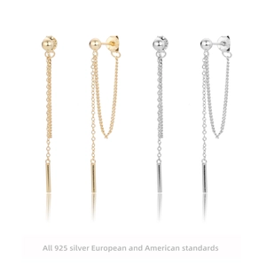 Minimalist 925 Sterling Silver Long Chain Tassel Earrings Geometric Cylinder Bar Drop High Polished Dangle For Women
