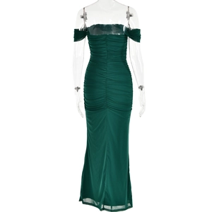 Detailed back view of dark green ruched off-shoulder evening dress with a slim silhouette