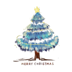 Blue hand-painted Christmas tree window sticker with Merry Christmas greeting text