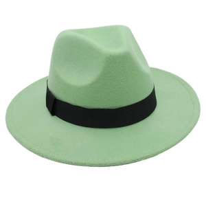 Detail view of mint green wool felt fedora hat with classic black ribbon band decoration