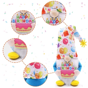 Birthday gnome plush with happy birthday cake and detailed product feature callouts