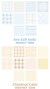 Macro display of 20 assorted blue and yellow plaid grid scrapbooking paper material sheets