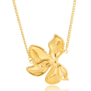 Detailed view of polished golden bougainvillea flower pendant on a dainty chain necklace