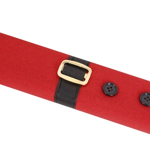 Detail of red felt Christmas door handle cover with faux leather belt and gold buckle