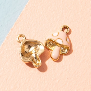Cute pink mushroom alloy pendants with gold-plated base for DIY jewelry making