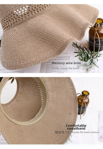 Detail of straw sun hat featuring a shapeable wire brim and comfortable inner sweatband