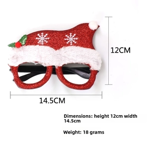 Detailed dimensions of red glitter Christmas glasses frame with snowman and snowflake patterns