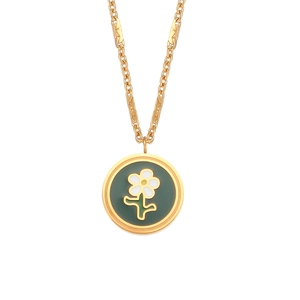 Minimalist 18K gold plated necklace with green enamel daisy flower pendant for women