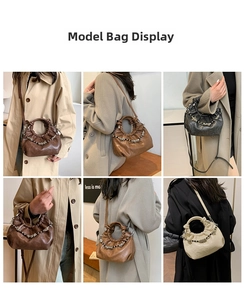 Detailed views of cloud bag in various colors with pleated design and beaded metal chain