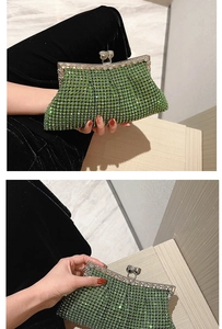 Detailed views of luxury emerald green rhinestone evening clutch with silver frame and clasp